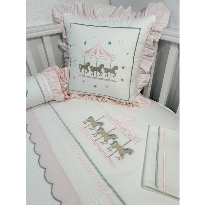 Pike takımı 5 parça beyaz fitilli pike - açık pudra pembe poplin