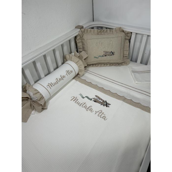 Pike takımı 5 parça beyaz fitilli pike - bej isviçre keteni 10