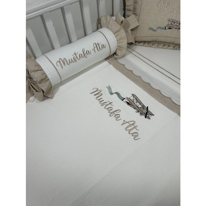 Pike takımı 5 parça beyaz fitilli pike - bej isviçre keteni 10