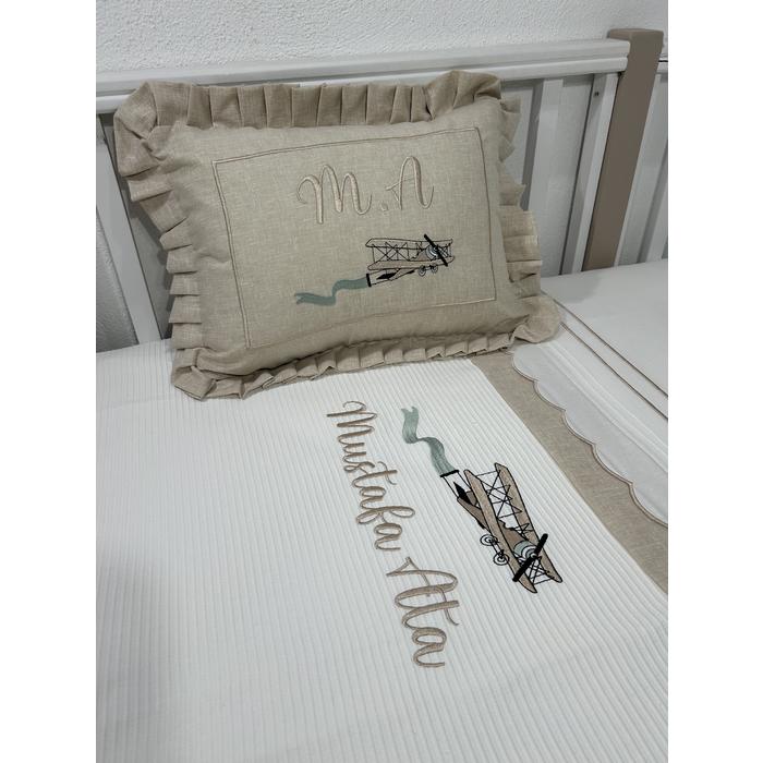 Pike takımı 5 parça beyaz fitilli pike - bej isviçre keteni 10