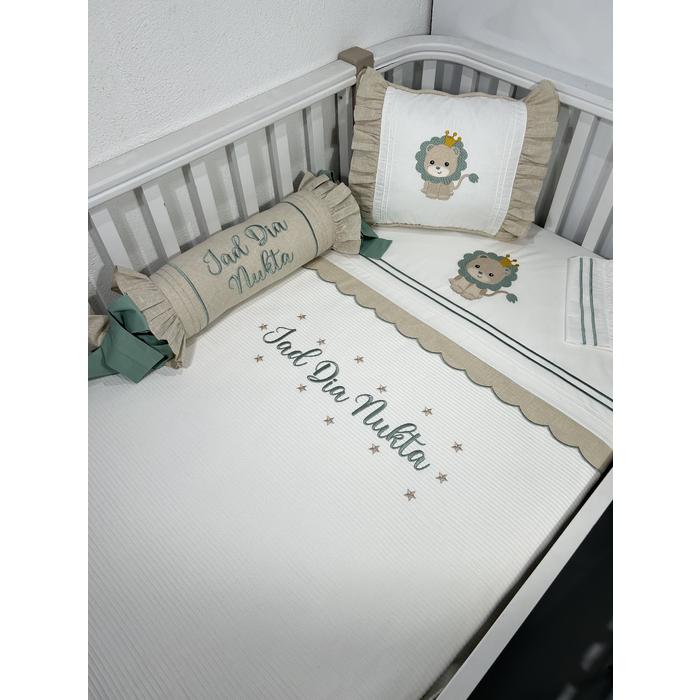 Pike takımı 5 parça beyaz fitilli pike - bej isviçre keteni 11