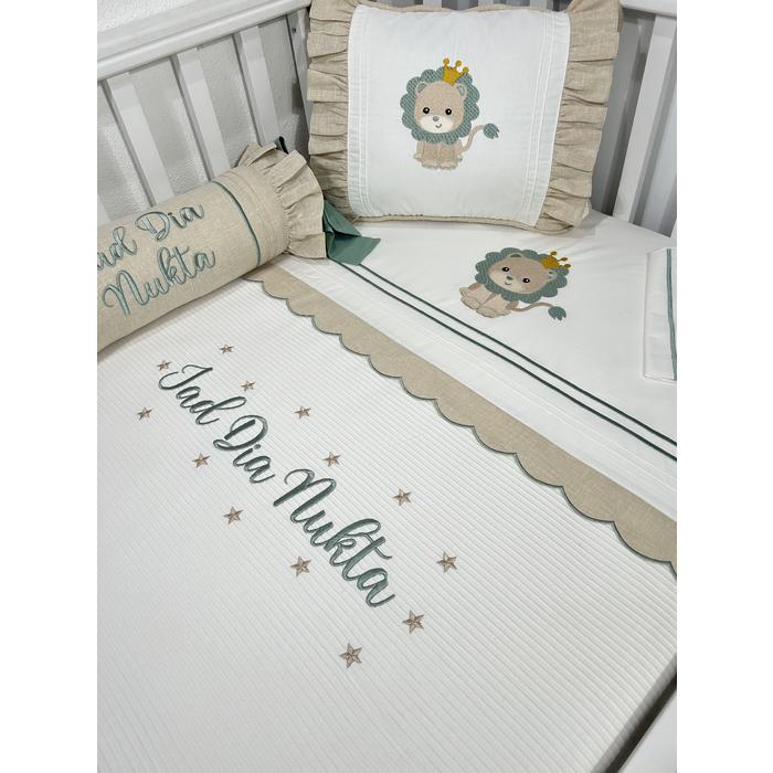 Pike takımı 5 parça beyaz fitilli pike - bej isviçre keteni 11