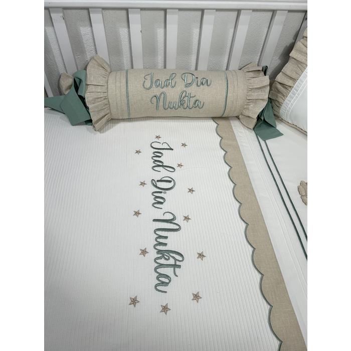 Pike takımı 5 parça beyaz fitilli pike - bej isviçre keteni 11