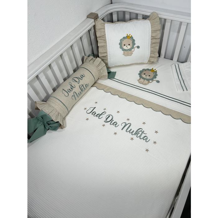 Pike takımı 5 parça beyaz fitilli pike - bej isviçre keteni 11