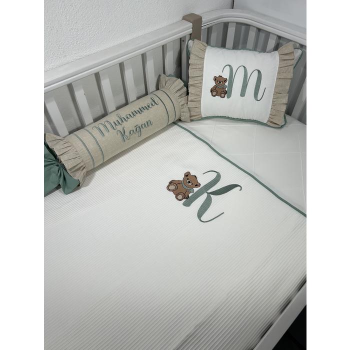 Pike takımı 5 parça beyaz fitilli pike - bej isviçre keteni 12