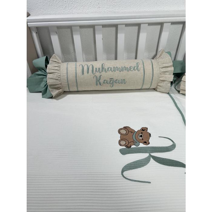 Pike takımı 5 parça beyaz fitilli pike - bej isviçre keteni 12