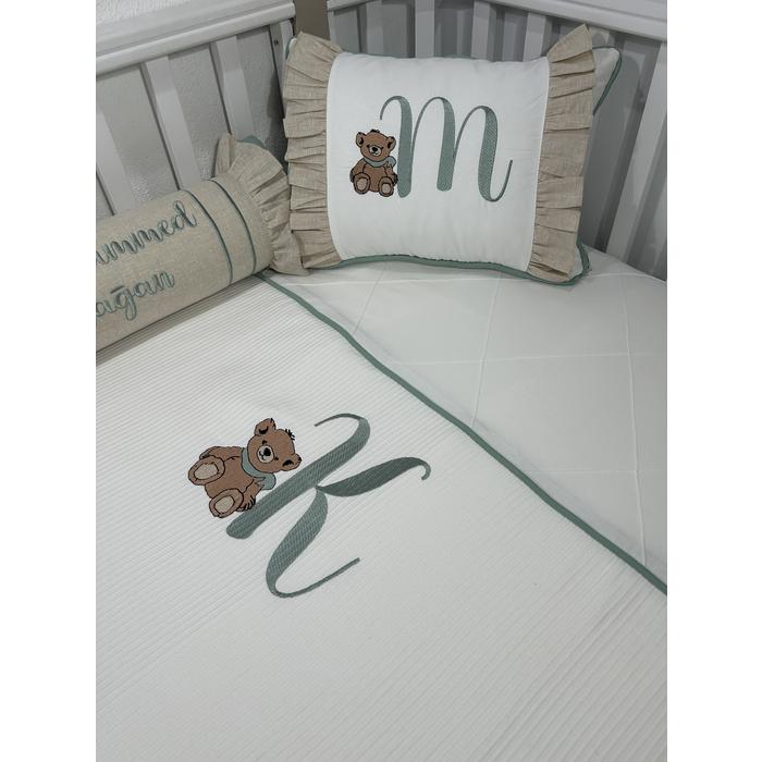 Pike takımı 5 parça beyaz fitilli pike - bej isviçre keteni 12