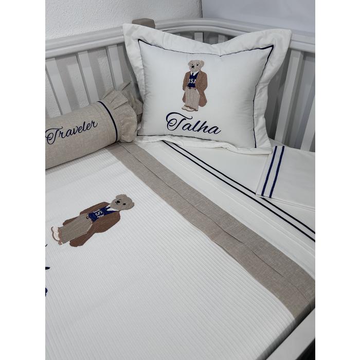 Pike takımı 5 parça beyaz fitilli pike - bej isviçre keteni 17