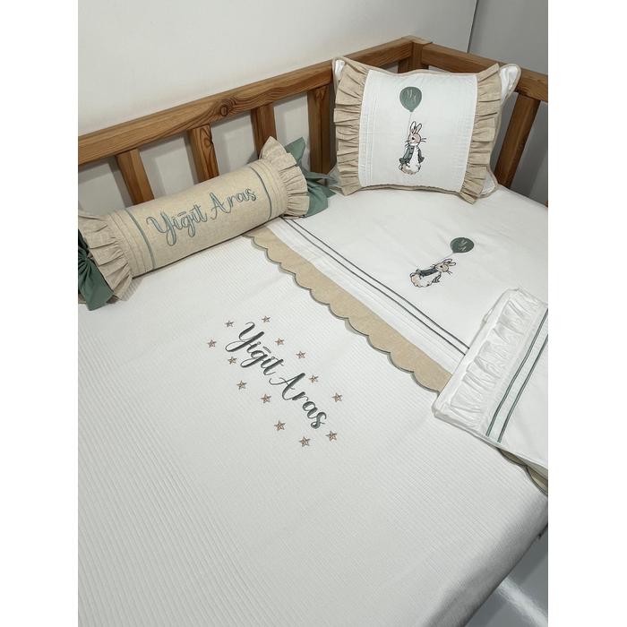 Pike takımı 5 parça beyaz fitilli pike - bej isviçre keteni 3