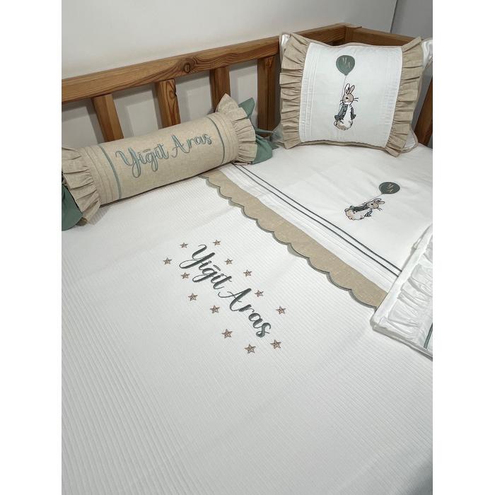 Pike takımı 5 parça beyaz fitilli pike - bej isviçre keteni 3