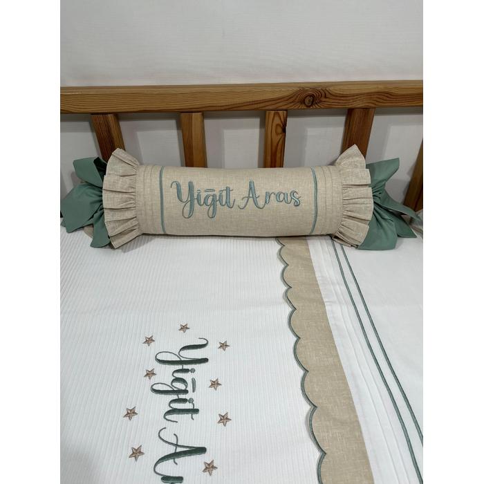 Pike takımı 5 parça beyaz fitilli pike - bej isviçre keteni 3