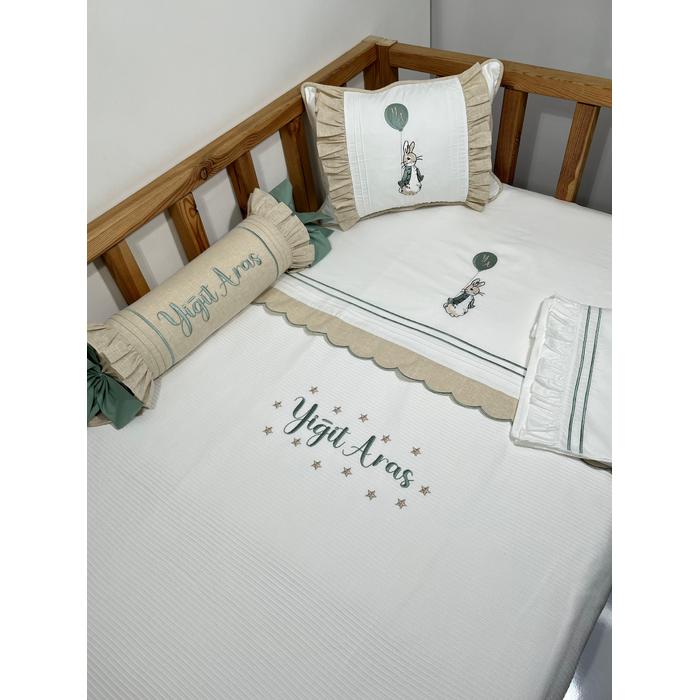 Pike takımı 5 parça beyaz fitilli pike - bej isviçre keteni 3