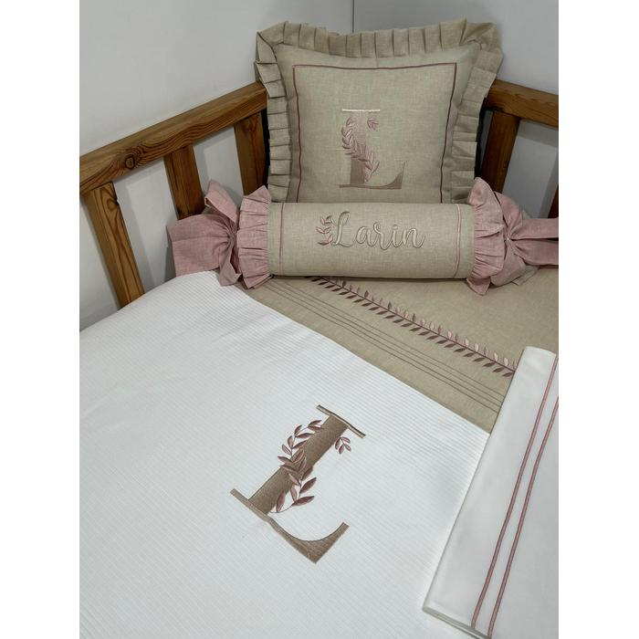 Pike takımı 5 parça beyaz fitilli pike - bej isviçre keteni 4