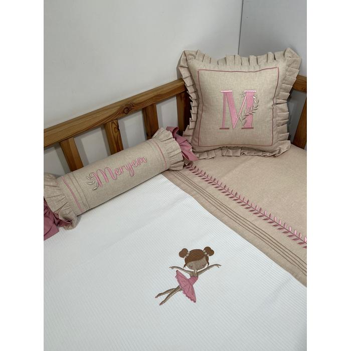 Pike takımı 5 parça beyaz fitilli pike - bej isviçre keteni 5