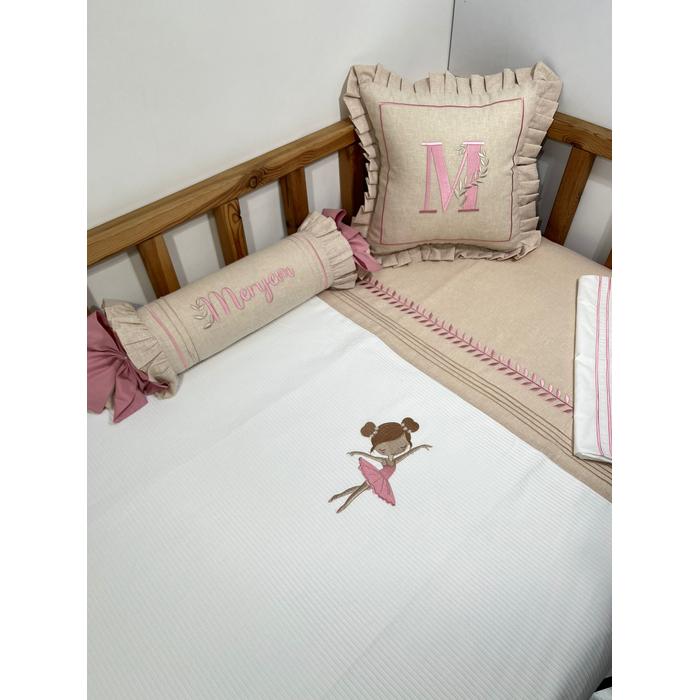 Pike takımı 5 parça beyaz fitilli pike - bej isviçre keteni 5