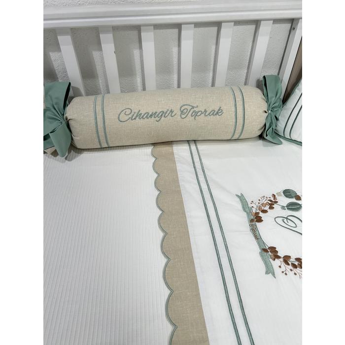 Pike takımı 5 parça beyaz fitilli pike - bej isviçre keteni 7