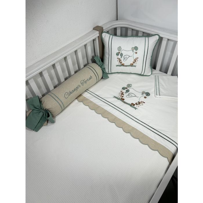 Pike takımı 5 parça beyaz fitilli pike - bej isviçre keteni 7