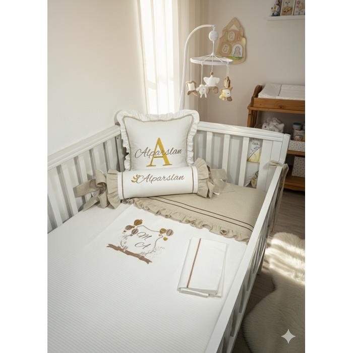 Pike takımı 5 parça beyaz fitilli pike - bej isviçre keteni 8