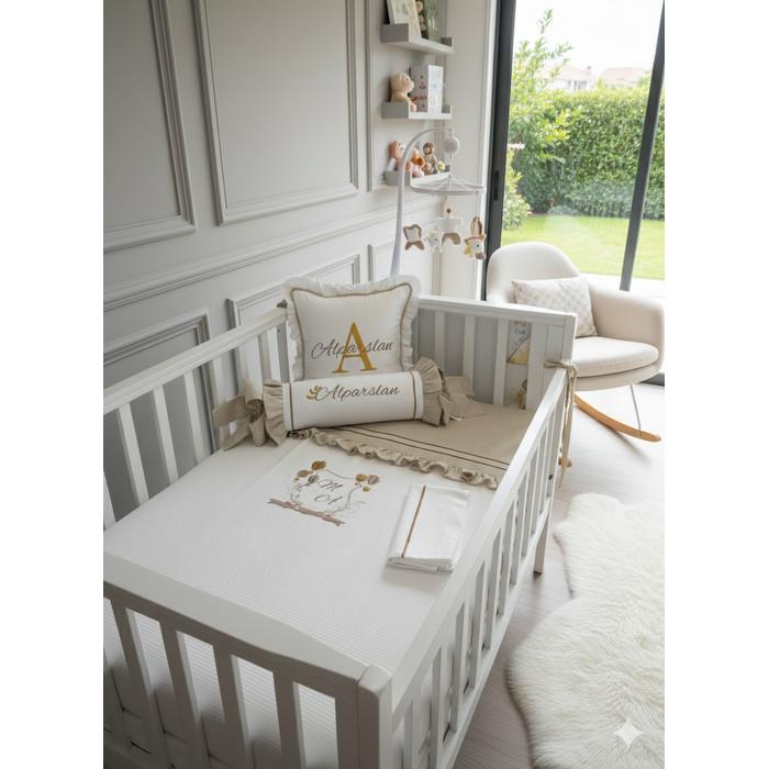 Pike takımı 5 parça beyaz fitilli pike - bej isviçre keteni 8