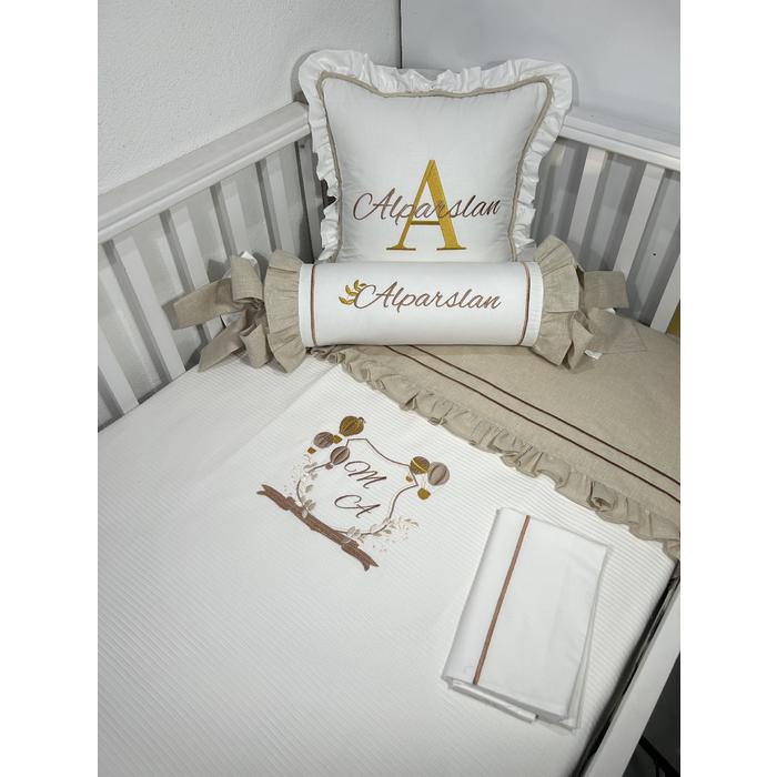 Pike takımı 5 parça beyaz fitilli pike - bej isviçre keteni 8