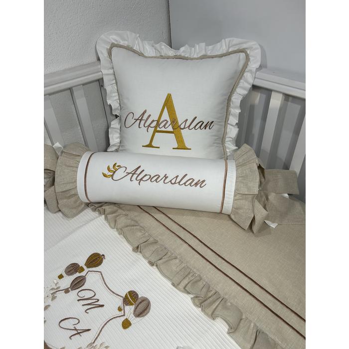 Pike takımı 5 parça beyaz fitilli pike - bej isviçre keteni 8