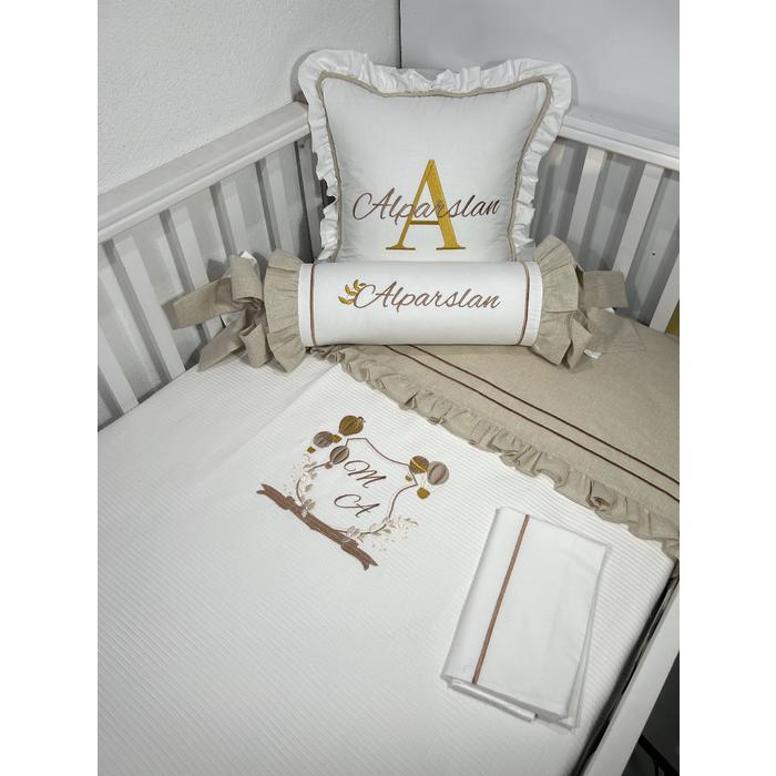 Pike takımı 5 parça beyaz fitilli pike - bej isviçre keteni 8