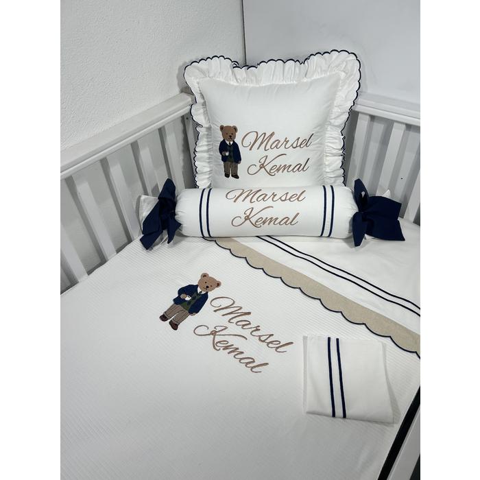 Pike takımı 5 parça beyaz fitilli pike - bej isviçre keteni 9