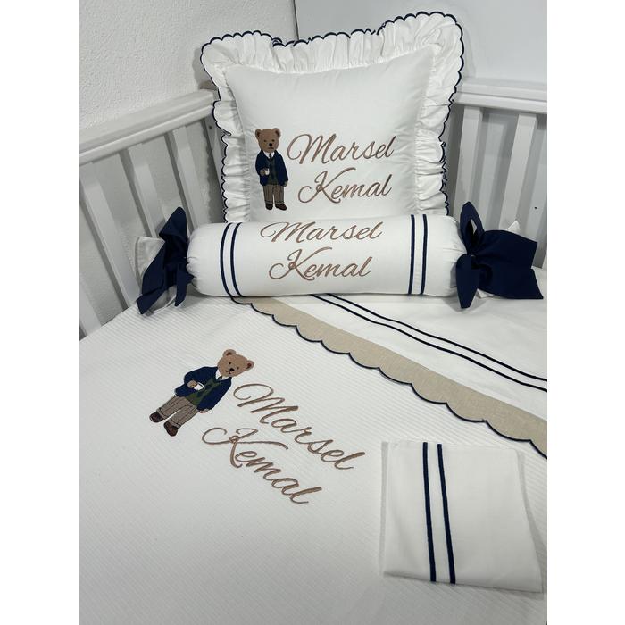 Pike takımı 5 parça beyaz fitilli pike - bej isviçre keteni 9