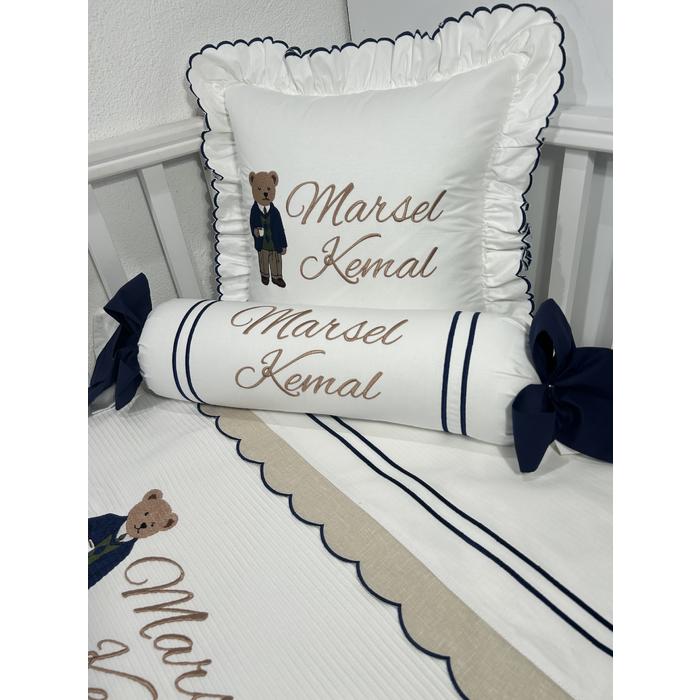 Pike takımı 5 parça beyaz fitilli pike - bej isviçre keteni 9