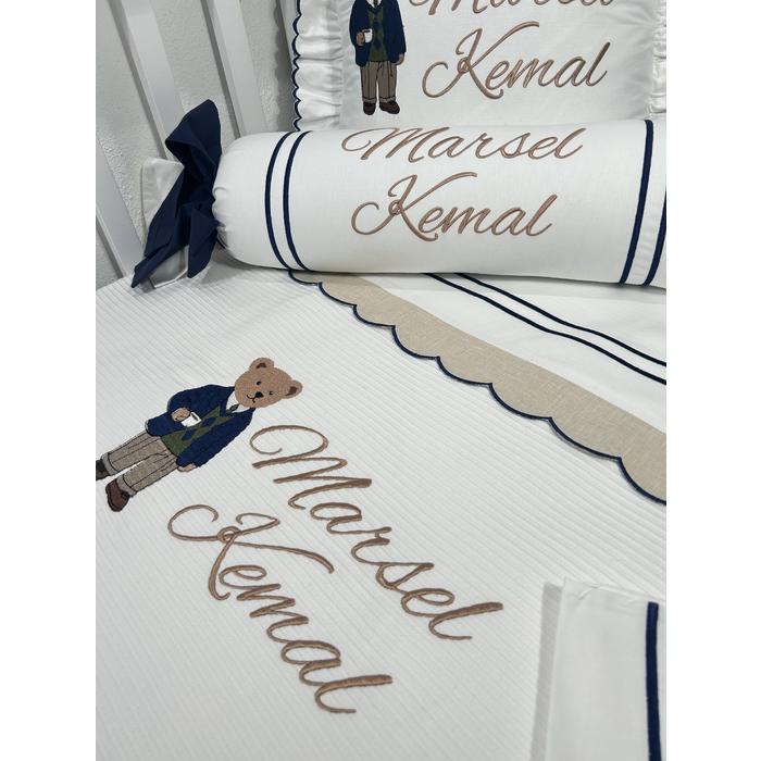 Pike takımı 5 parça beyaz fitilli pike - bej isviçre keteni 9