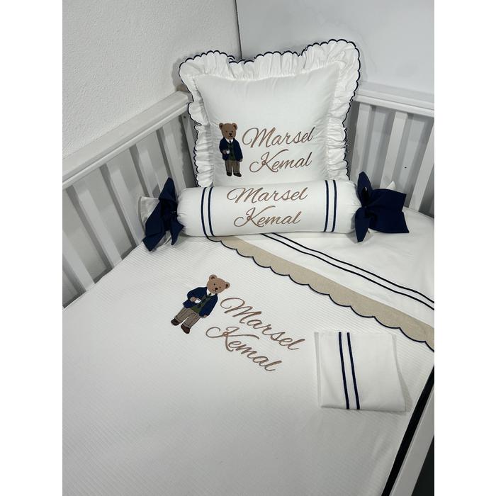 Pike takımı 5 parça beyaz fitilli pike - bej isviçre keteni 9