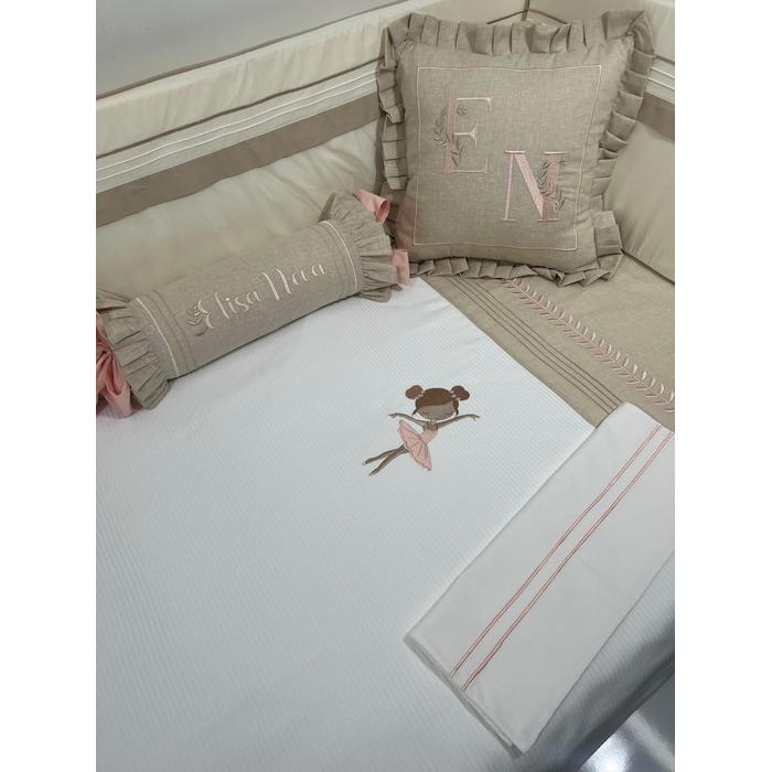 Pike takımı 5 parça beyaz fitilli pike - bej isviçre keteni