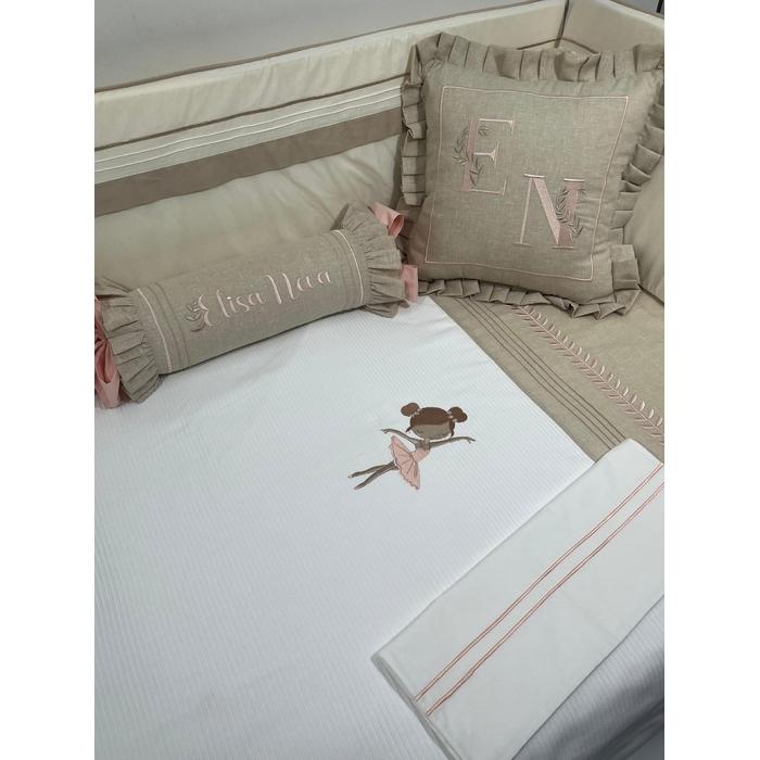 Pike takımı 5 parça beyaz fitilli pike - bej isviçre keteni