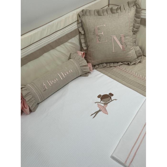 Pike takımı 5 parça beyaz fitilli pike - bej isviçre keteni