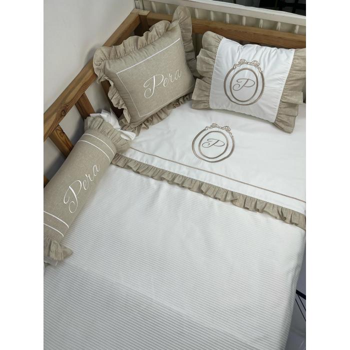 Pike takımı 6 parça beyaz fitilli pike - Bej İsviçre Keten 1