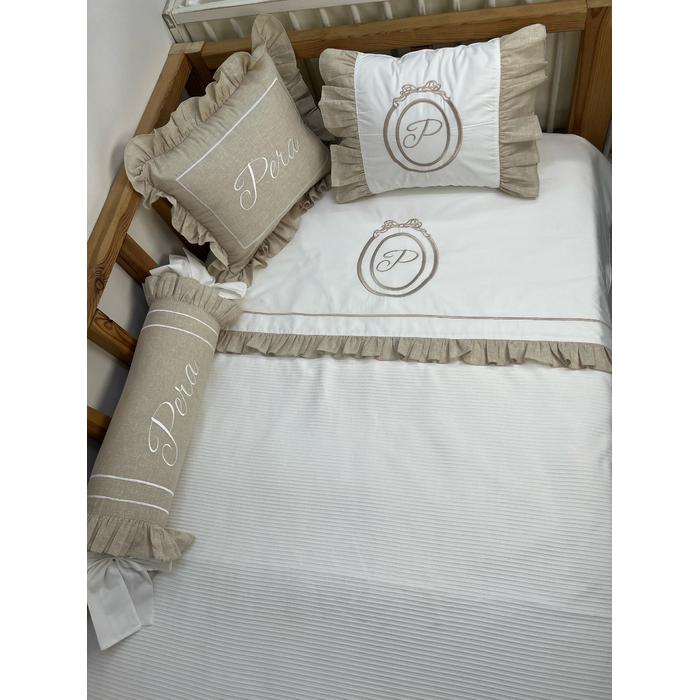 Pike takımı 6 parça beyaz fitilli pike - Bej İsviçre Keten 1