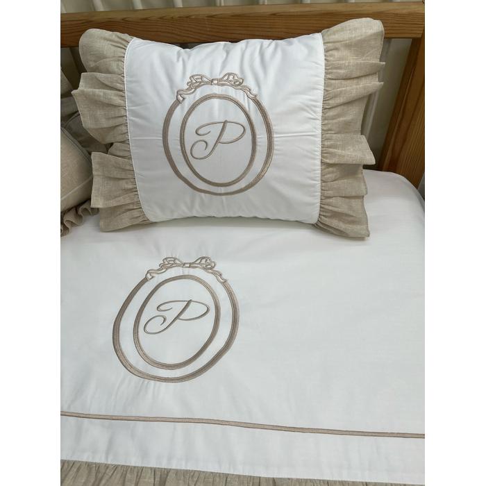 Pike takımı 6 parça beyaz fitilli pike - Bej İsviçre Keten 1