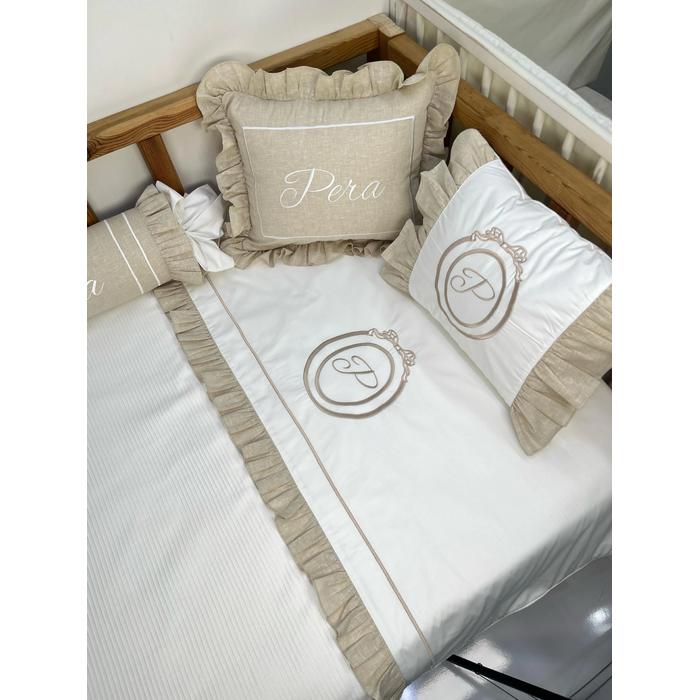 Pike takımı 6 parça beyaz fitilli pike - Bej İsviçre Keten 1