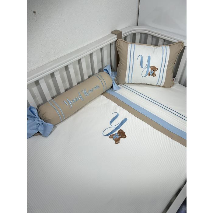 Pike takımı 5 parça beyaz fitilli pike - bej ve mavi poplin