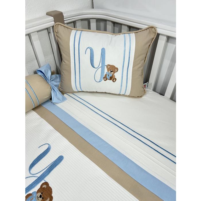 Pike takımı 5 parça beyaz fitilli pike - bej ve mavi poplin