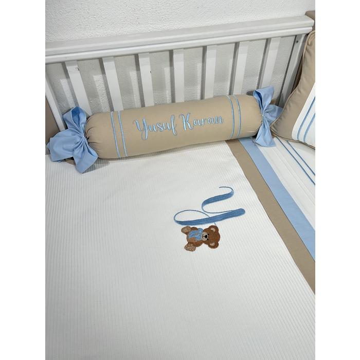 Pike takımı 5 parça beyaz fitilli pike - bej ve mavi poplin