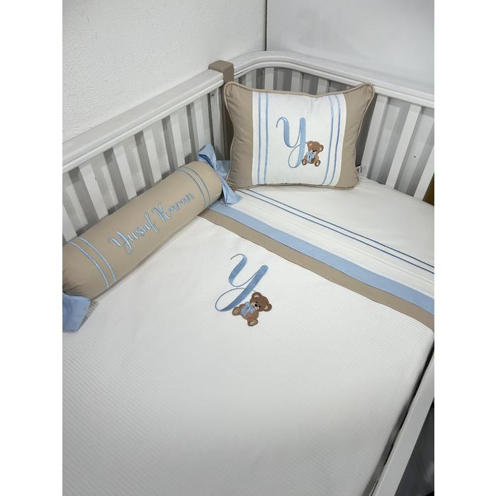 Pike takımı 5 parça beyaz fitilli pike - bej ve mavi poplin