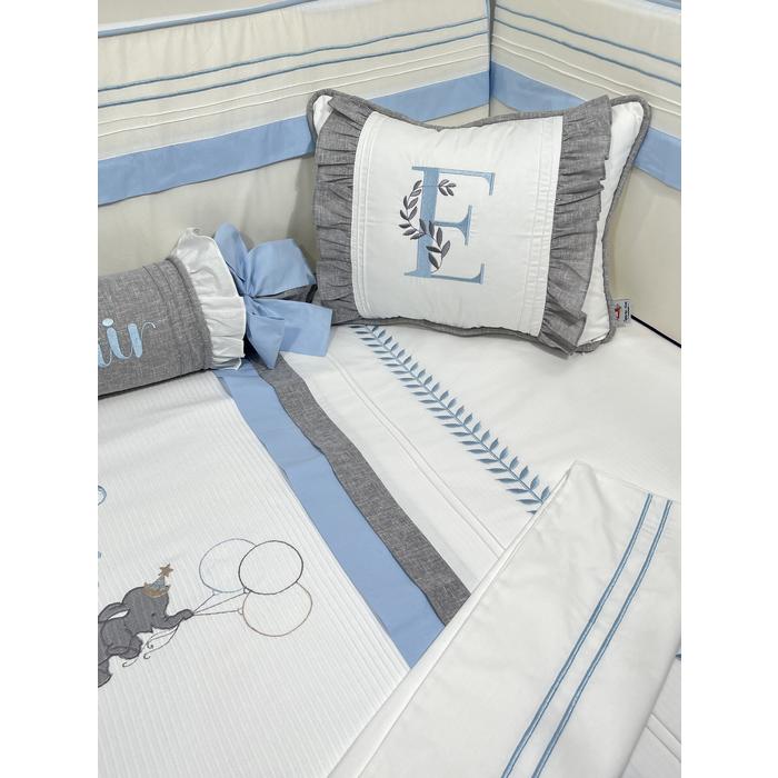 Pike takımı 5 parça beyaz fitilli pike - gri isviçre keten 2