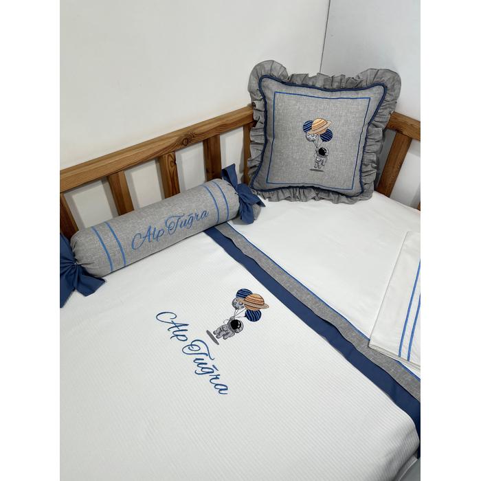 Pike takımı 5 parça beyaz fitilli pike - gri isviçre keteni