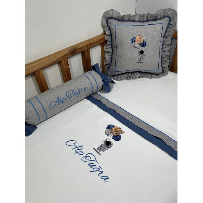 Pike takımı 5 parça beyaz fitilli pike - gri isviçre keteni