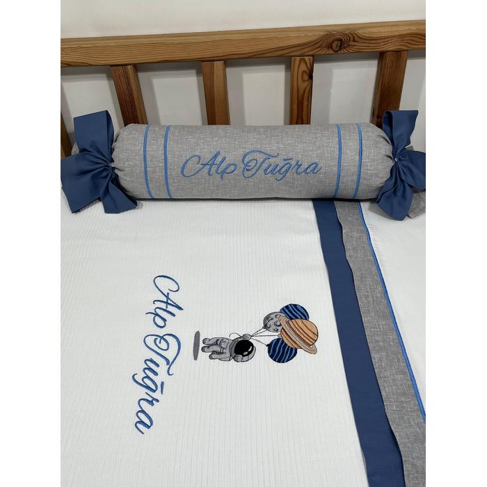 Pike takımı 5 parça beyaz fitilli pike - gri isviçre keteni