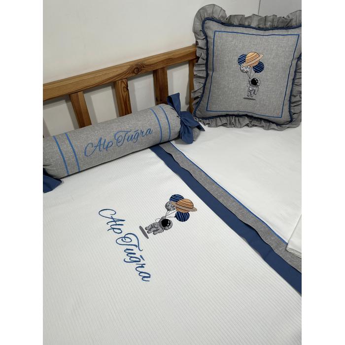 Pike takımı 5 parça beyaz fitilli pike - gri isviçre keteni