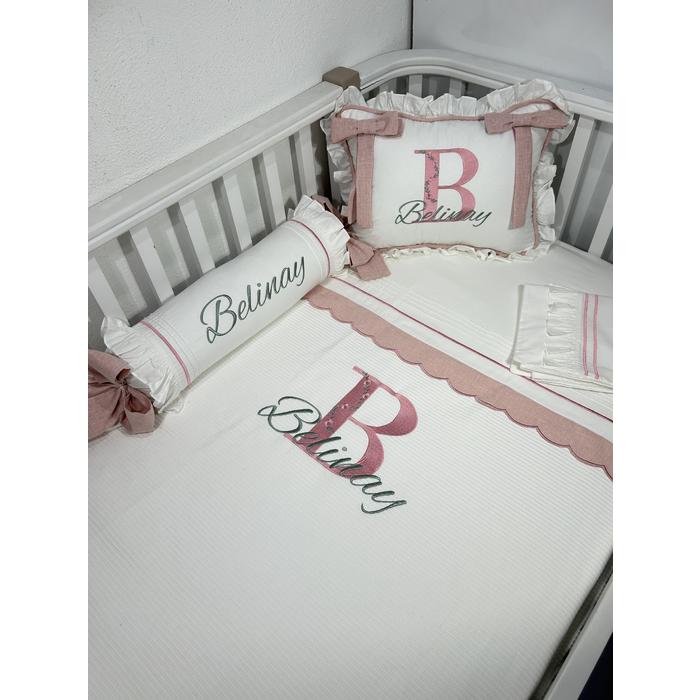 Pike takımı 5 parça beyaz fitilli pike - pudra pembe isviçre keteni