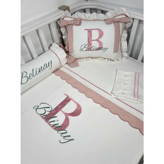 Pike takımı 5 parça beyaz fitilli pike - pudra pembe isviçre keteni