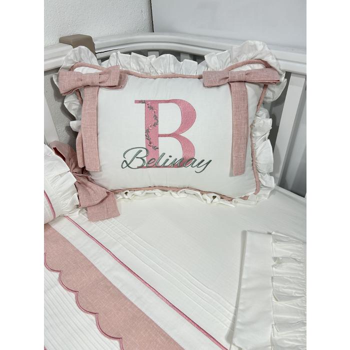 Pike takımı 5 parça beyaz fitilli pike - pudra pembe isviçre keteni